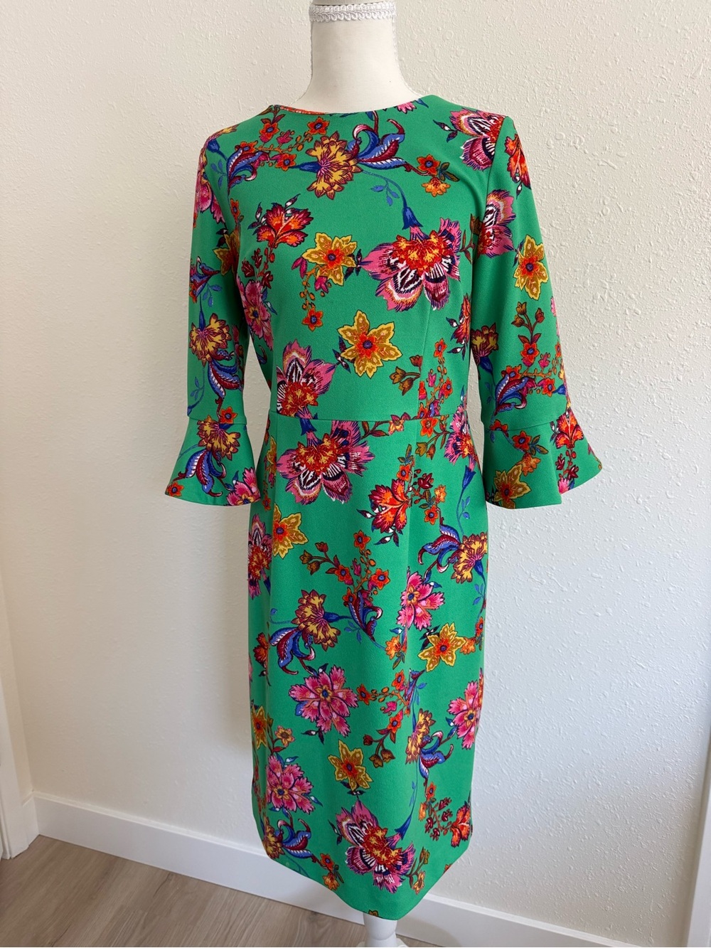 Shelby & Palmer Green Floral Midi Dress with Bell Sleeves
